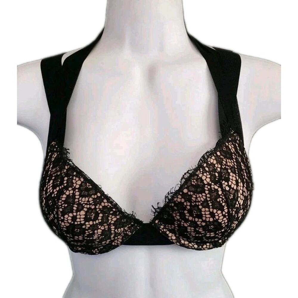 Victorias Secret 32C Very Sexy Push-Up Bra Thick EStrap Black Lace Over nude